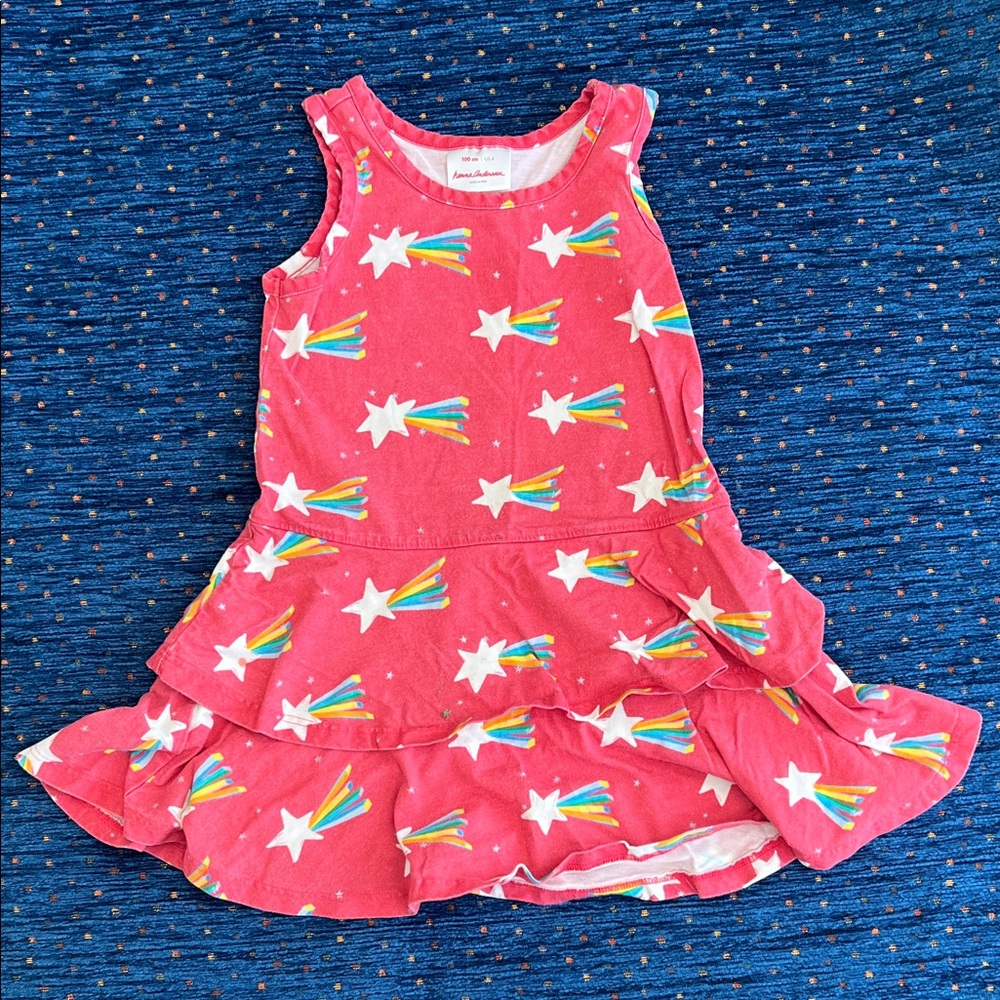 Hanna Andersson red/Pink Shooting Star Dress, two-tiered ruffles, size 4